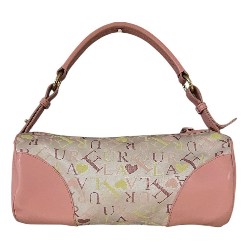 Furla Signature Monogram Canvas Shoulder Bag Pink Trim Italy